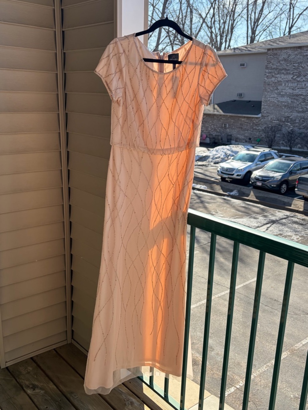 🆕✨ Adrianna Papell Blush Beaded Mesh Gown Maxi Dress Size 8 Sequin Nude Pink - Picture 3 of 16